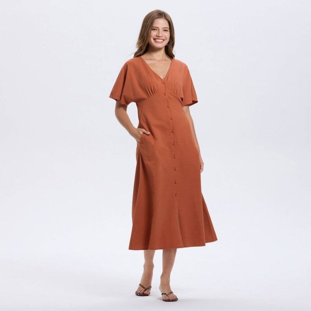 Women's Short Sleeve Button-Down Flared Midi A-Line Dress - Baked Clay L